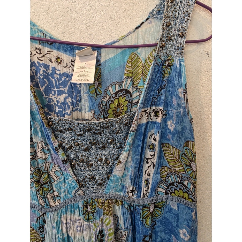 Forbidden Tank Dress Sz M Beaded Floral Blue Boho Vacation Resortwear Tie Back - Picture 4 of 5